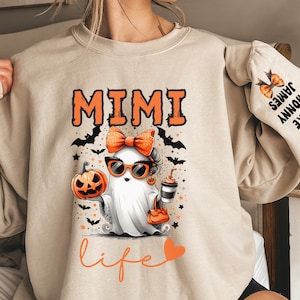 Custom Mimi Witch Sweatshirt for Halloween, Mimi Witch Sweatshirt with Names on Sleeve, Custom Halloween Mimi Shirt with Kid name Sweatshirt