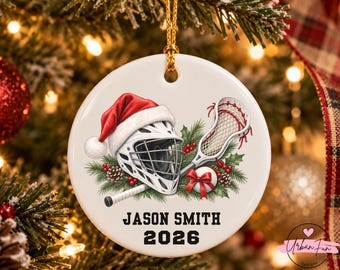 Adorno navideño personalizado de lacrosse, regalo personalizado para jugadores de lacrosse, recuerdo familiar deportivo de cerámica, adorno para el árbol de Navidad