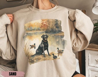 Sudadera retro con diseño de patos silvestres de laboratorio negro, atuendo vintage de los años noventa y noventa para cazar patos de labrador retriever, sudadera unisex con cuello redondo estilo bohemio