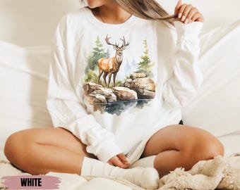 Retro Deer Wilderness Scene Sweatshirt - Nineties Vintage Buck And Doe Deer Outfit - Boho Unisex Crewneck Sweatshirt -  Deer Hunting Gifts