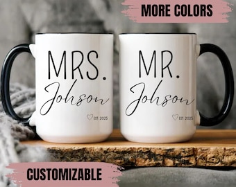 Personalized Mr & Mrs Mug Set, Custom Couple Gift, Newlywed Coffee Cups, Wedding Gift for Bride and Groom, Anniversary Mug Set