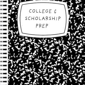 May include: A spiral-bound notebook with a black and white abstract pattern. The cover features a white rectangle with the words "COLLEGE & SCHOLARSHIP PREP" in black, sans-serif font. The notebook's binding is white.