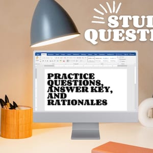 May include: A desktop computer displays the text "PRACTICE QUESTIONS, ANSWER KEY, AND RATIONALES" on its screen. The image also features a desk lamp, a bamboo pen holder, and decorative items, with the words "STUDY QUESTIONS" above the computer.