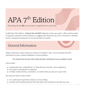 Könnte beinhalten: Ein Informationsblatt mit dem Titel "APA 7th Edition" zur Zitierung von KI in akademischen Arbeiten. Es enthält Richtlinien, wann KI-Tools zitiert werden müssen und wann nicht, mit Beispielen. Der Hintergrund ist hellrosa mit dekorativen Linien.
