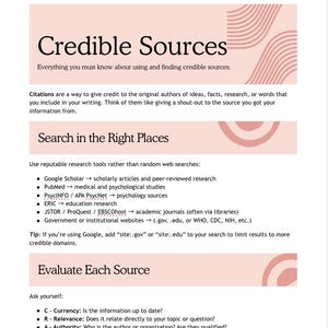 Pode incluir: Um documento branco intitulado "Credible Sources" com elementos decorativos rosa. O documento fornece orientações sobre como encontrar e avaliar fontes confiáveis, incluindo dicas sobre o uso do Google Scholar, PubMed e outras ferramentas de pesquisa. Ele também lista critérios de avaliação.