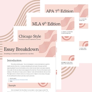 Op de afbeelding: Een lichtroze en beige educatieve poster met tekst over essay schrijven, inclusief APA 7th Edition, MLA 9th Edition en Chicago Style. De poster heeft een decoratief golfontwerp.