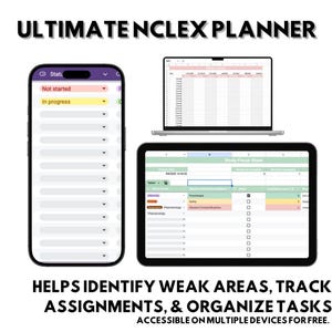 Può includere: Un pianificatore digitale per l'esame NCLEX, visualizzato su smartphone, laptop e tablet. Il pianificatore aiuta a identificare le aree deboli, a tenere traccia dei compiti e a organizzare le attività. Il testo recita "ULTIMATE NCLEX PLANNER".