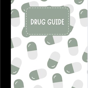May include: A white notebook with a black spine and a pattern of gray and white capsules. The cover features a gray rectangle with the words "DRUG GUIDE" in white.