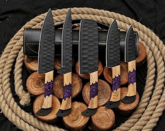 Handmade Carbon Steel Chef Knife Set | Razor-Sharp Kitchen Knives with Exotic Wood Handles | Professional Cooking Tools