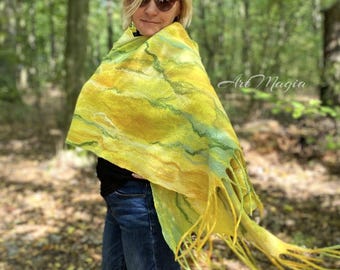 Yellow Merino Wool Scarf: Handmade Nuno Felted Silk Shawl
