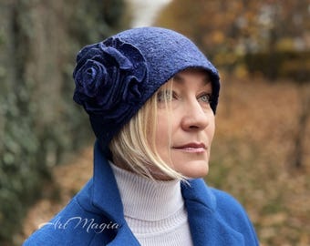 Handmade Merino Wool Cloche Hat: Dark Blue Art Deco Felt Hat for Women