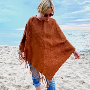 Handmade Felted Wool Poncho for Women – Light Brown Boho Cape – Merino Wool and Silk Wrap – Gift for Her – One of a Kind Clothing