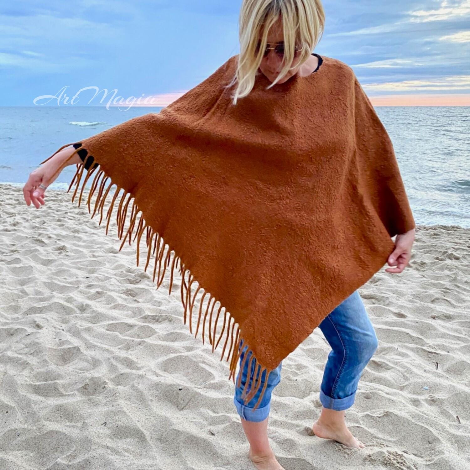 Handmade Felted Merino Wool Poncho with Fringes - Ginger Brown