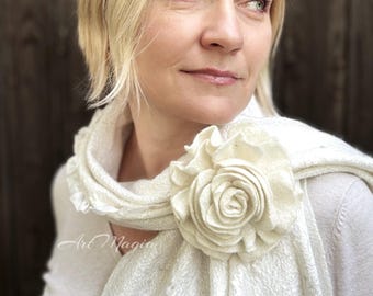 Large White Felt Rose Brooch: Handmade Merino Wool Pin