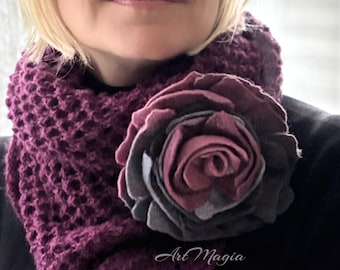 Large Felt Flower Brooch: Handmade Grey Pink Wool Rose Pin