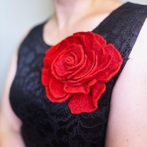 Large Red Felt Rose Brooch: Handmade Wool Jewelry