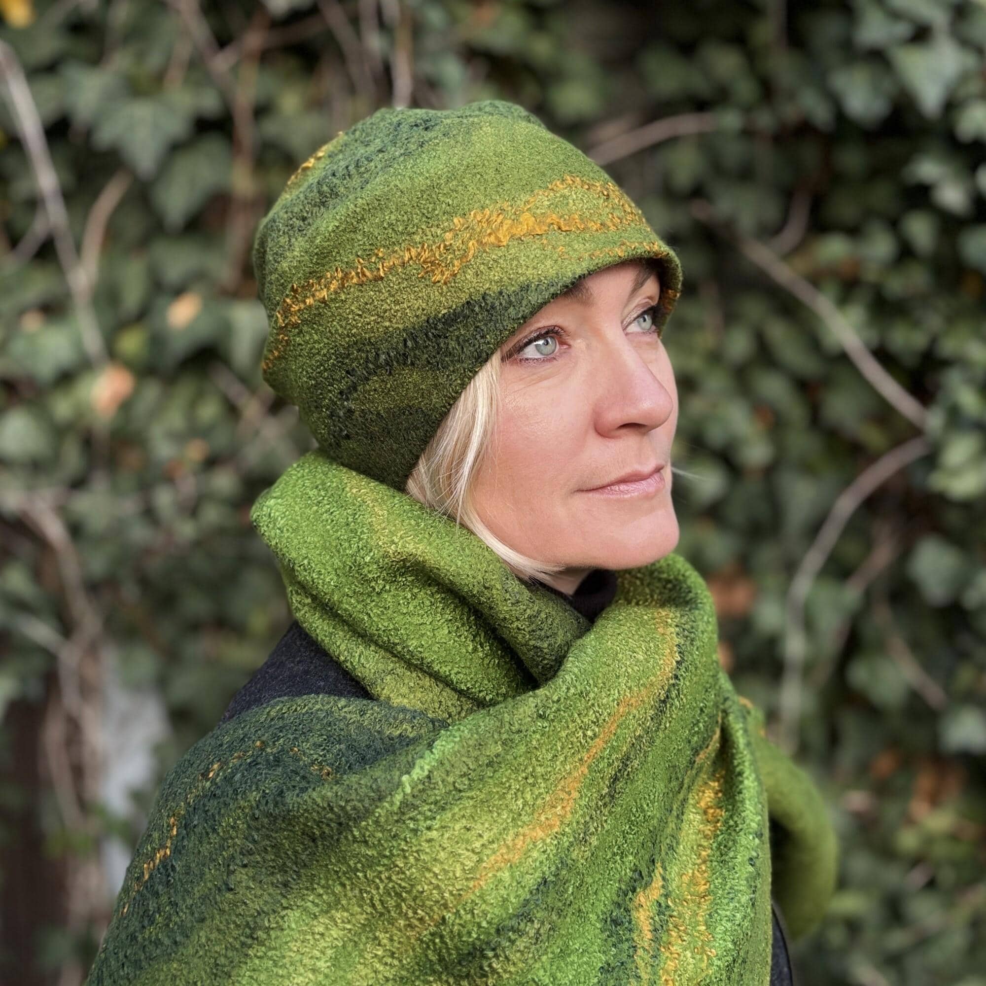 Handmade Felted Merino Wool Hat – Green and Yellow - Etsy display picture 3
