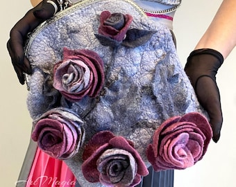 Handmade Felted Wool Handbag with Roses: Art Deco Rose Vintage Kiss Lock Purse