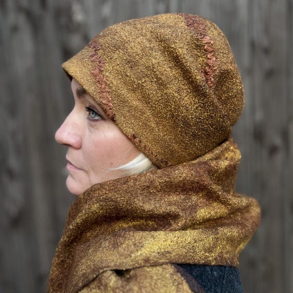 Winter Felted Women's Slouchy Beanie Hat in Mustard and Brown