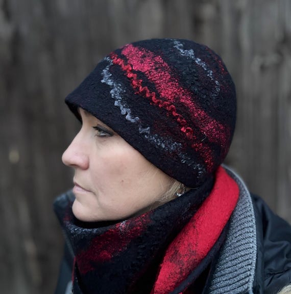 Handmade Felted Merino Wool Hat: Black & Red Winter 