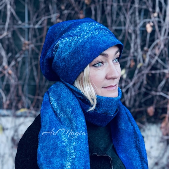 Handmade Blue Merino Wool Felted Beanie: Slouchy Winter Hat 