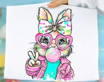 Cute Bunny with Heart Glasses, Peace Sign, Sublimation and DTF PNG file