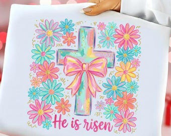 Boho Floral Cross - floral, Christian, He is Risen,  Sublimation and DTF PNG file