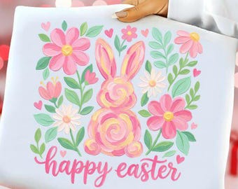 Happy Easter Bunny & Flower Painted Sublimation and DTF PNG file