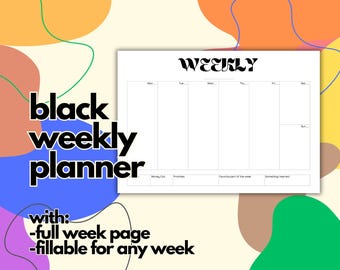 Leuke zwarte weekplanner/elke dag van de week/digitale planner/afdrukbare weekplanner/klaar om af te drukken weekplanner