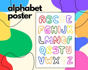 Afdrukbare alfabetposter voor kinderen | Leuke educatieve decoratie voor kinderen | Kleurrijke muurposter onderwijs decoratie alfabet