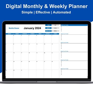 May include: A laptop displaying a digital monthly and weekly planner for January 2024. The screen shows a calendar layout with space for daily and weekly notes. The background is a gradient of blue and white, with the text "Digital Monthly & Weekly Planner" at the top.