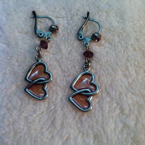 Vintage Catherine Popesco La Vie Parisienne Old Silver Dangling Enjoined Hearts Pink Plique du Jour Enamel Earrings