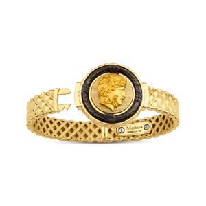14K Real Gold, Medusa Bracelet, Black Snake, Mechanical Lock, Handmade, Adjustable, Black Rhodium Plated, Mythological, Medusa Head