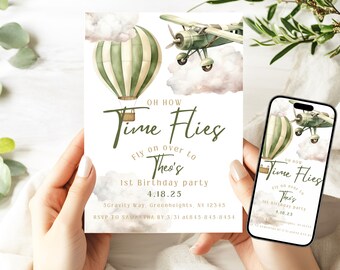 Aviation 1st Birthday Invitation: Airplane & Hot Air Balloon (Digital)