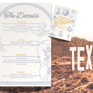 May include: A vintage-style poster with a light blue background and a white border. The poster features a hand-drawn illustration of a woman in a cowboy hat and a lasso. The text "The Details" is written in a decorative font at the top of the poster. The poster lists a schedule of events for a weekend trip to Texas. The text "Reckless in Texas" is written in a decorative font on a separate smaller poster.
