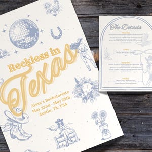 May include: A light blue and yellow invitation for a hen party in Austin, Texas. The invitation features a disco ball, a horseshoe, a cowboy boot, a skull with flowers, and the text "Reckless in Texas".