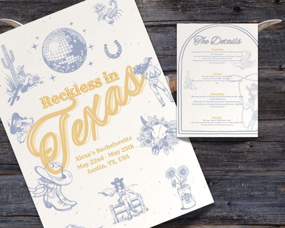 Reckless In Texas Bachelorette Itinerary: Dusty Blue Cowgirl Invitation (Digital Download)