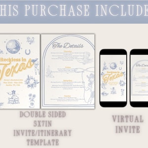 May include: A double-sided 5x7 inch invitation and itinerary template with a blue and yellow colour scheme. The front side features a graphic of a disco ball, a horseshoe, and the text "Reckless in Texas". The back side features a list of events for a hen party. The template is also available as a virtual invite.