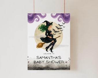 Halloween Baby Shower Welcome Sign: Witch Theme Canva Template (Digital Download