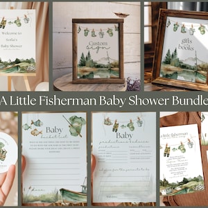 Paquete para baby shower "Un pequeño pescador está en camino" / Invitación para baby shower con temática de pesca / Letrero de bienvenida / Letreros de mesa personalizados / Etiquetas de regalo