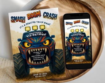 Monster Truck Birthday Invitation: Smash Boom Crash Party (Editable Template)