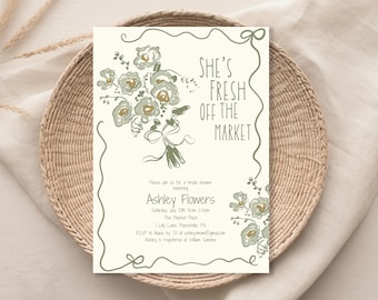 Floral Bridal Shower Invitation: Green Flower Bouquet (Digital Download)