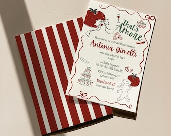 May include: A red and white striped background with a white card on top. The card is a bridal shower invitation for Antonia Gimelli. The invitation features a red tomato, a glass of wine, and a cupid with a tomato. The text on the card reads "That's Amore", "Saturday July 20th, 2025", "1-4pm", "La Bella Ragazza", "1 Arther Ave. Little Italy, NY", "RSVP to Debbie by 7/1", "822-993-1670", "Registered at Crate and Barrel".