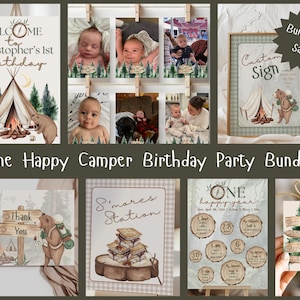 Um pacote de primeiro aniversário para campistas felizes | Decorações temáticas de criaturas da floresta, fogueiras e s’mores | Placa de acampamento de madeira personalizável | Banner