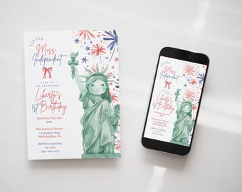 Little Miss Independent Birthday Invitation: 4th of July Theme (Digital Download)