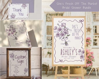Purple Floral Bridal Shower Bundle: Invitation, Sign, Thank You Card (Digital Download)