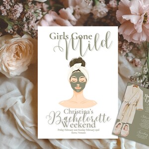 May include: A printable bachelorette party invitation featuring a green and white illustration of a woman wearing a face mask. The text reads "Girls Gone Wild" and "Christina's Bachelorette Weekend".