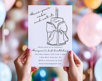 Two Tier Cake 2nd Birthday Invitation: Bow Design (Digital Download)