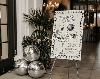 Pajamas & Prosecco Bachelorette Party Sign: Handdrawn Disco Ball (Digital Download)