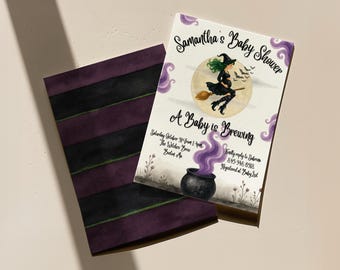Halloween Baby Shower Invitation Template, A Baby is Brewing Witch Theme, Editable Canva Template, Printable Invite, Instant Download